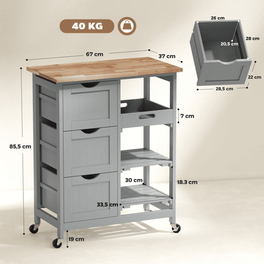 HOMCOM Carrinho de Cozinha com Rodas Carrinho de Serviço Multiuso com 3 Gavetas 2 Prateleiras Abertas e Bandeja para Sala de Jantar Sala de Estar 67x37x85,5 cm Cinzento