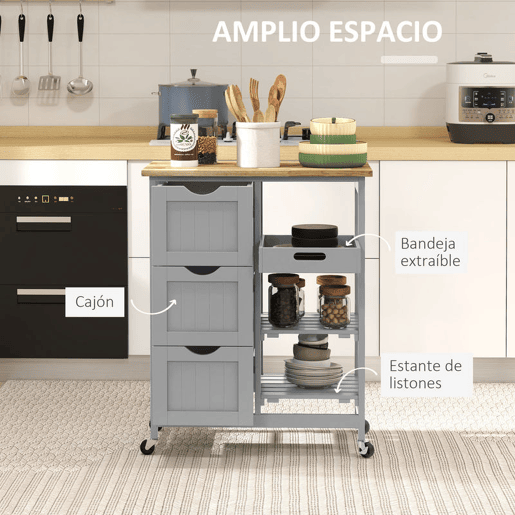 HOMCOM Carrinho de Cozinha com Rodas Carrinho de Serviço Multiuso com 3 Gavetas 2 Prateleiras Abertas e Bandeja para Sala de Jantar Sala de Estar 67x37x85,5 cm Cinzento