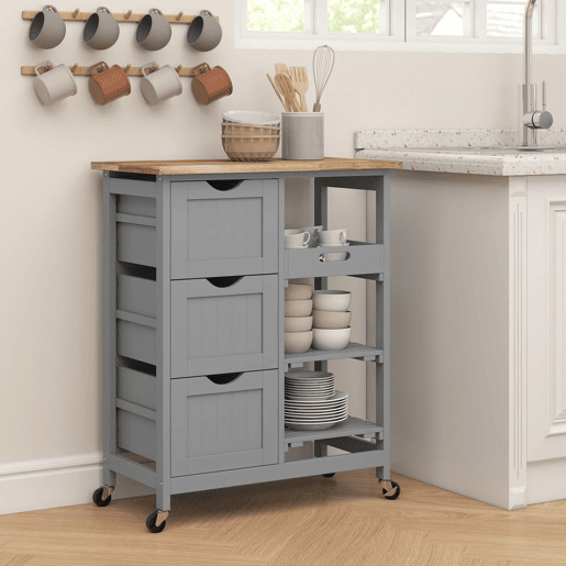 HOMCOM Carrinho de Cozinha com Rodas Carrinho de Serviço Multiuso com 3 Gavetas 2 Prateleiras Abertas e Bandeja para Sala de Jantar Sala de Estar 67x37x85,5 cm Cinzento