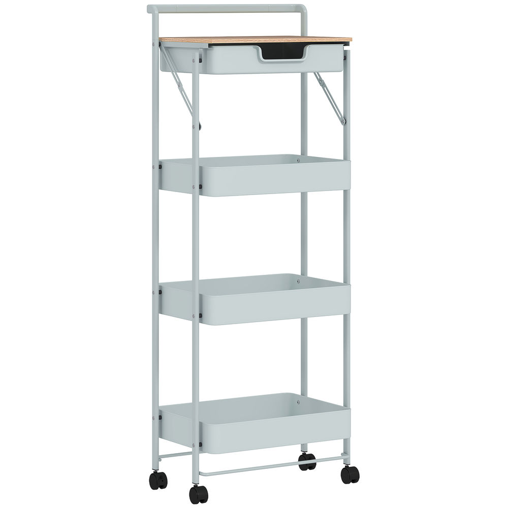 Homcom carrito auxiliar con ruedas de 4 niveles carro de cocina con 1 cajón y 3 cestas carrito organizador para dormitorio salón oficina verde claro