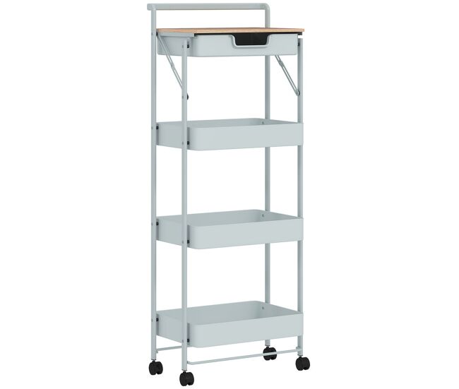 Homcom carrito auxiliar con ruedas de 4 niveles carro de cocina con 1 cajón y 3 cestas carrito organizador para dormitorio salón oficina verde claro
