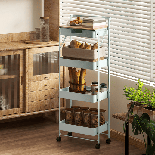 HOMCOM Carrinho Auxiliar com Rodas de 4 Níveis Carrinho de Cozinha com 1 Gaveta e 3 Cestos Carrinho Organizador para Dormitorio Sala Escritório 45x29,5x117,5 cm Verde