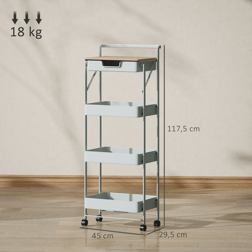 HOMCOM Carrinho Auxiliar com Rodas de 4 Níveis Carrinho de Cozinha com 1 Gaveta e 3 Cestos Carrinho Organizador para Dormitorio Sala Escritório 45x29,5x117,5 cm Verde