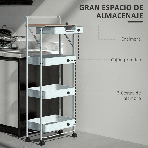 HOMCOM Carrinho Auxiliar com Rodas de 4 Níveis Carrinho de Cozinha com 1 Gaveta e 3 Cestos Carrinho Organizador para Dormitorio Sala Escritório 45x29,5x117,5 cm Verde
