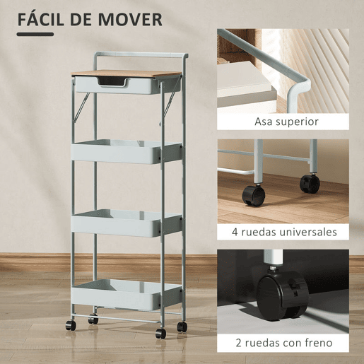HOMCOM Carrinho Auxiliar com Rodas de 4 Níveis Carrinho de Cozinha com 1 Gaveta e 3 Cestos Carrinho Organizador para Dormitorio Sala Escritório 45x29,5x117,5 cm Verde