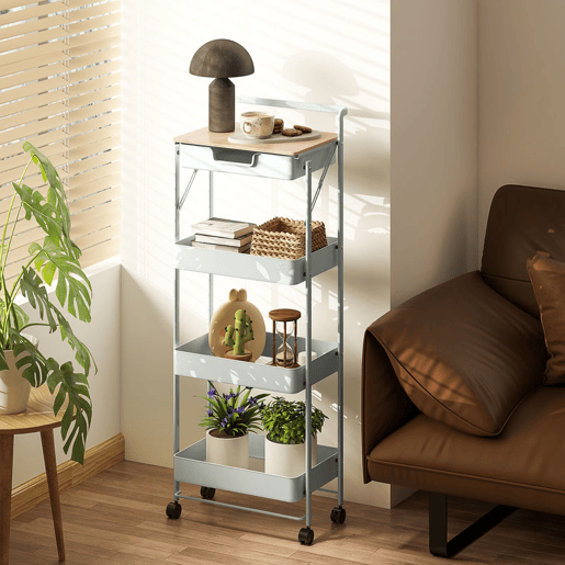 HOMCOM Carrinho Auxiliar com Rodas de 4 Níveis Carrinho de Cozinha com 1 Gaveta e 3 Cestos Carrinho Organizador para Dormitorio Sala Escritório 45x29,5x117,5 cm Verde