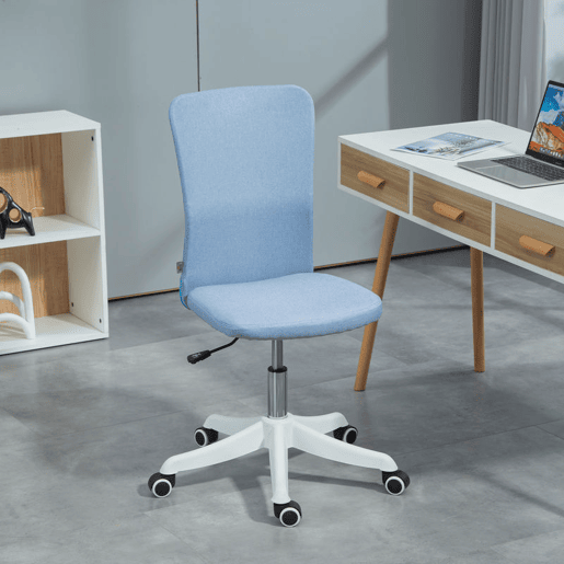 HOMCOM Cadeira de Escritório sem Apoio para os Braços Cadeira de Escritório Giratória Estofada em Linho Sintético com Altura Ajustável para Estudo Dormitório Tocador Carga 120 kg 53x43x85-93 cm Azul