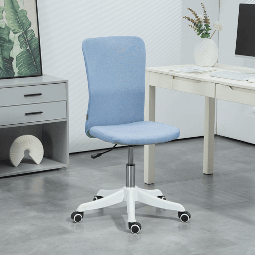 HOMCOM Cadeira de Escritório sem Apoio para os Braços Cadeira de Escritório Giratória Estofada em Linho Sintético com Altura Ajustável para Estudo Dormitório Tocador Carga 120 kg 53x43x85-93 cm Azul