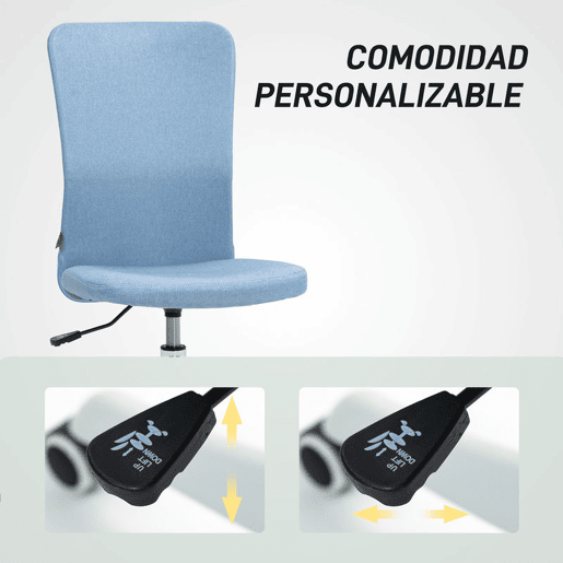HOMCOM Cadeira de Escritório sem Apoio para os Braços Cadeira de Escritório Giratória Estofada em Linho Sintético com Altura Ajustável para Estudo Dormitório Tocador Carga 120 kg 53x43x85-93 cm Azul