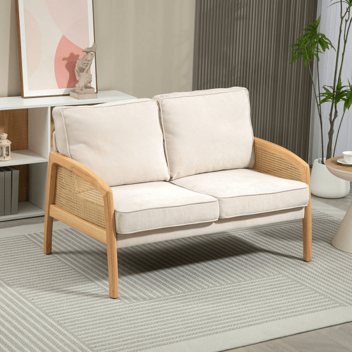 HOMCOM Sofá de 2 Lugares Estofado em Chenille Sofá Sala de Estar com 2 Almofadas Laváveis e Apoio para os Braços em Vime Sintético Sofá Pequeno Carga 240 kg 123x75x88 cm Bege