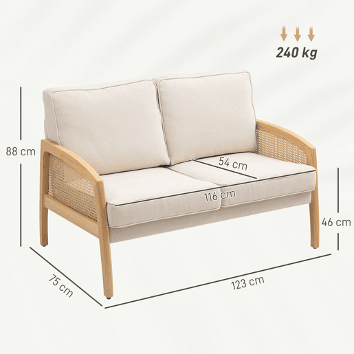 HOMCOM Sofá de 2 Lugares Estofado em Chenille Sofá Sala de Estar com 2 Almofadas Laváveis e Apoio para os Braços em Vime Sintético Sofá Pequeno Carga 240 kg 123x75x88 cm Bege
