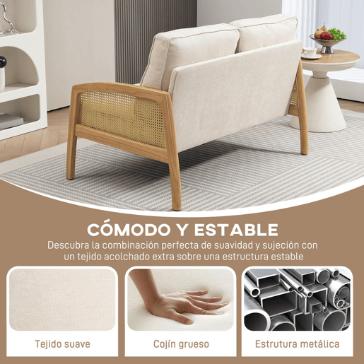 HOMCOM Sofá de 2 Lugares Estofado em Chenille Sofá Sala de Estar com 2 Almofadas Laváveis e Apoio para os Braços em Vime Sintético Sofá Pequeno Carga 240 kg 123x75x88 cm Bege