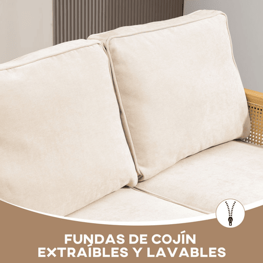 HOMCOM Sofá de 2 Lugares Estofado em Chenille Sofá Sala de Estar com 2 Almofadas Laváveis e Apoio para os Braços em Vime Sintético Sofá Pequeno Carga 240 kg 123x75x88 cm Bege