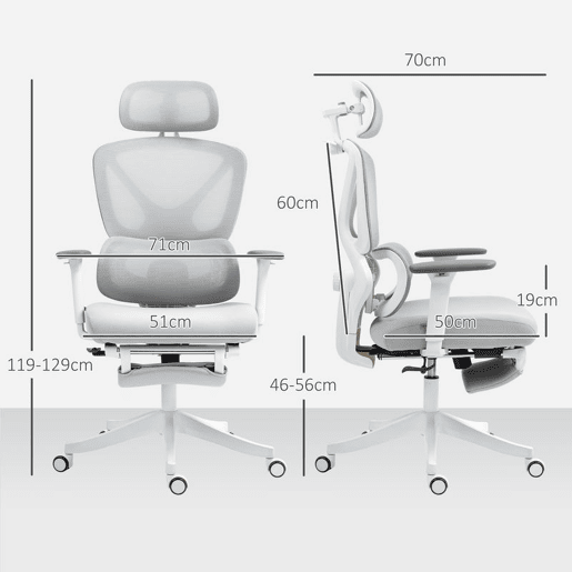 HOMCOM Cadeira de Escritório de Malha Reclinável com Apoio para a Cabeça Ajustável Suporte Lombar Apoio para os Pés Apoios para os Braços e Altura Regulável Suporta até 135 kg 71x70x109-119 cm Cinza