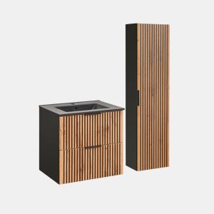 Conjunto móvel lavatório simples 60cm encastrado Gaia madeira e preto lavatório preto
