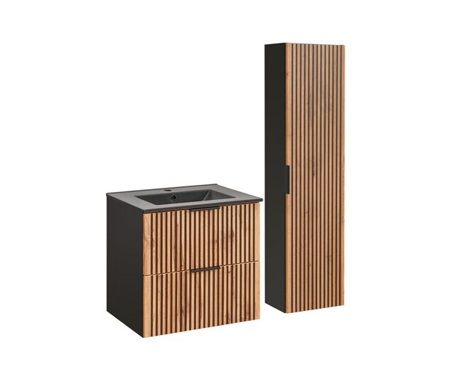 Conjunto mueble lavabo individual encastrado 60cm y columna gaia madera y negro - lavabo negro
