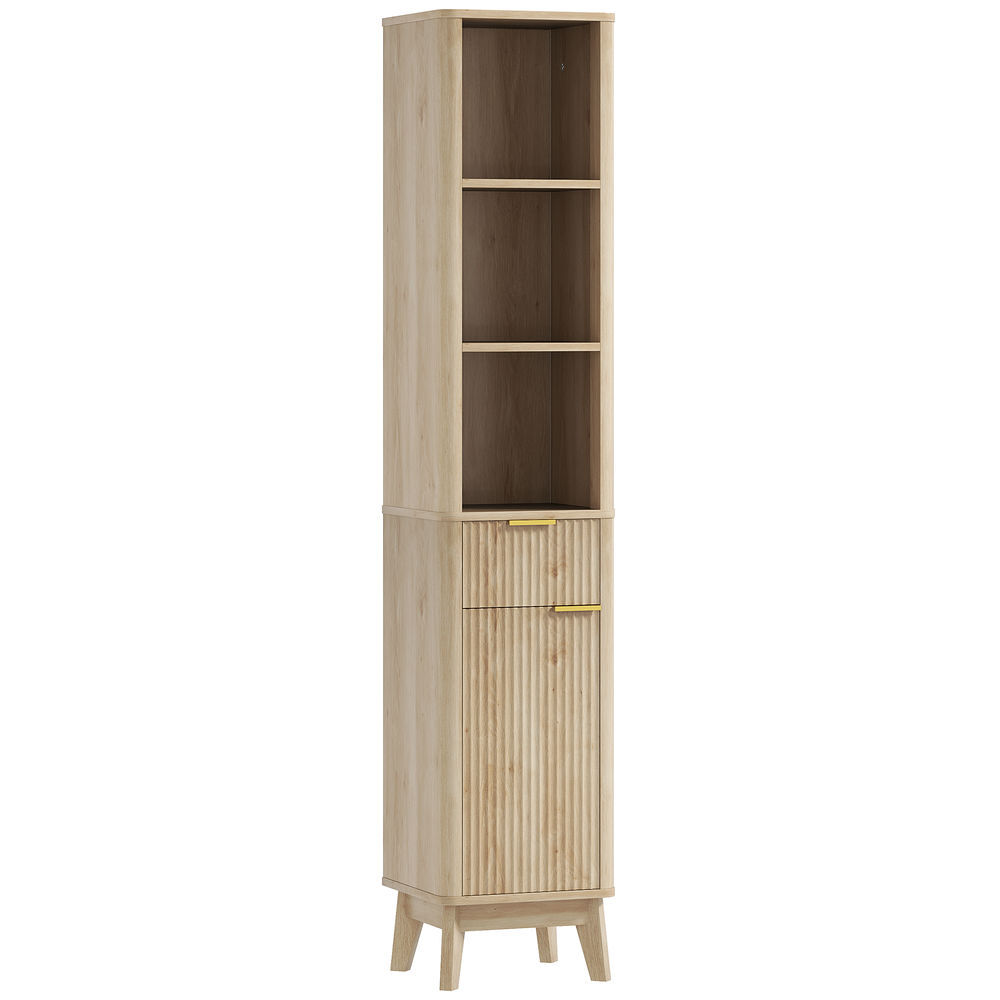 Homcom mueble de baño estrecho columna de baño con puerta de acanalado cajón 3 compartimentos abiertos y estantes ajustables 33x30x170 cm natural