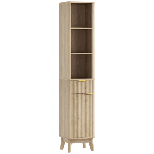 HOMCOM Coluna de Casa de Banho Móvel de Casa de Banho Estreito com Porta Canaleda Gaveta 3 Compartimentos Abertos e Prateleiras Ajustáveis Armário Alto de Casa de Banho Moderno 33x30x170 cm Madeira