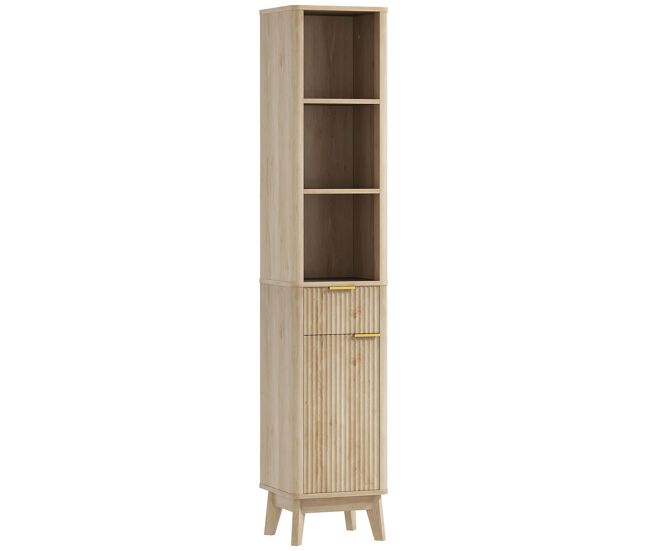 Homcom mueble de baño estrecho columna de baño con puerta de acanalado cajón 3 compartimentos abiertos y estantes ajustables 33x30x170 cm natural
