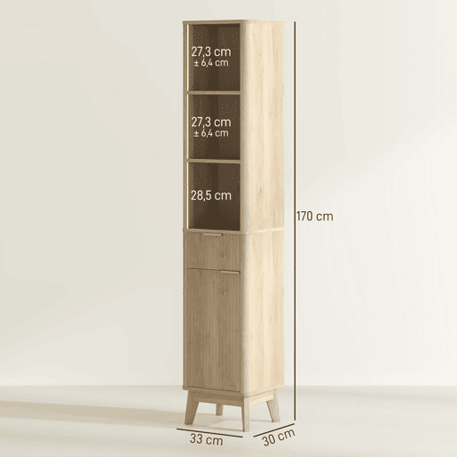 HOMCOM Coluna de Casa de Banho Móvel de Casa de Banho Estreito com Porta Canaleda Gaveta 3 Compartimentos Abertos e Prateleiras Ajustáveis Armário Alto de Casa de Banho Moderno 33x30x170 cm Madeira