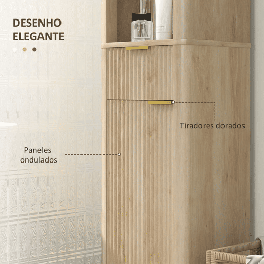 HOMCOM Coluna de Casa de Banho Móvel de Casa de Banho Estreito com Porta Canaleda Gaveta 3 Compartimentos Abertos e Prateleiras Ajustáveis Armário Alto de Casa de Banho Moderno 33x30x170 cm Madeira
