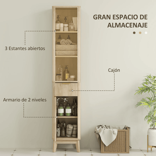 HOMCOM Coluna de Casa de Banho Móvel de Casa de Banho Estreito com Porta Canaleda Gaveta 3 Compartimentos Abertos e Prateleiras Ajustáveis Armário Alto de Casa de Banho Moderno 33x30x170 cm Madeira