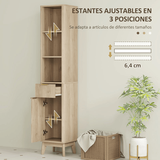 HOMCOM Coluna de Casa de Banho Móvel de Casa de Banho Estreito com Porta Canaleda Gaveta 3 Compartimentos Abertos e Prateleiras Ajustáveis Armário Alto de Casa de Banho Moderno 33x30x170 cm Madeira