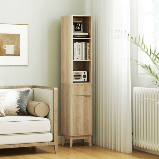 HOMCOM Coluna de Casa de Banho Móvel de Casa de Banho Estreito com Porta Canaleda Gaveta 3 Compartimentos Abertos e Prateleiras Ajustáveis Armário Alto de Casa de Banho Moderno 33x30x170 cm Madeira
