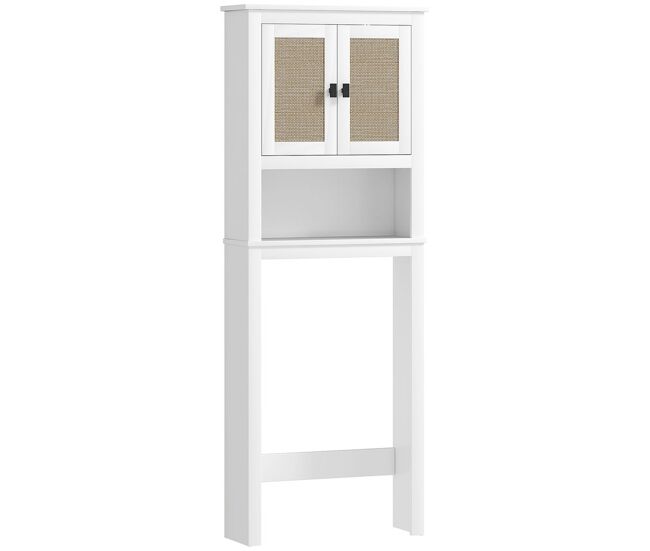 Homcom mueble sobre inodoro estrecho armario sobre inodoro con 2 puertas con frontal de ratán compartimento y estante ajustable mueble de baño 60x19,5x160 cm blanco