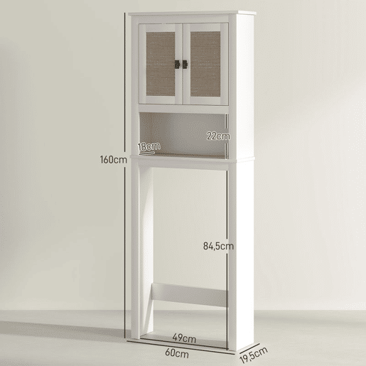 HOMCOM Móvel sobre Sanita Armário sobre Sanita com 2 Portas com Frente em Vime Compartimento e Prateleira Ajustável Móvel Casa de Banho 60x19,5x160 cm Branco