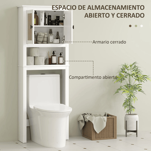 HOMCOM Móvel sobre Sanita Armário sobre Sanita com 2 Portas com Frente em Vime Compartimento e Prateleira Ajustável Móvel Casa de Banho 60x19,5x160 cm Branco