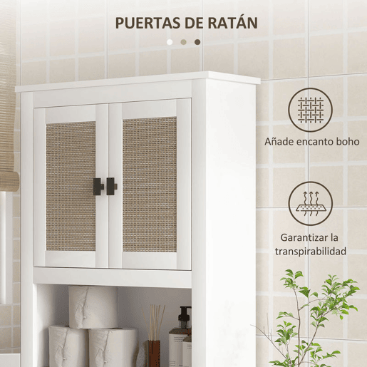 HOMCOM Móvel sobre Sanita Armário sobre Sanita com 2 Portas com Frente em Vime Compartimento e Prateleira Ajustável Móvel Casa de Banho 60x19,5x160 cm Branco
