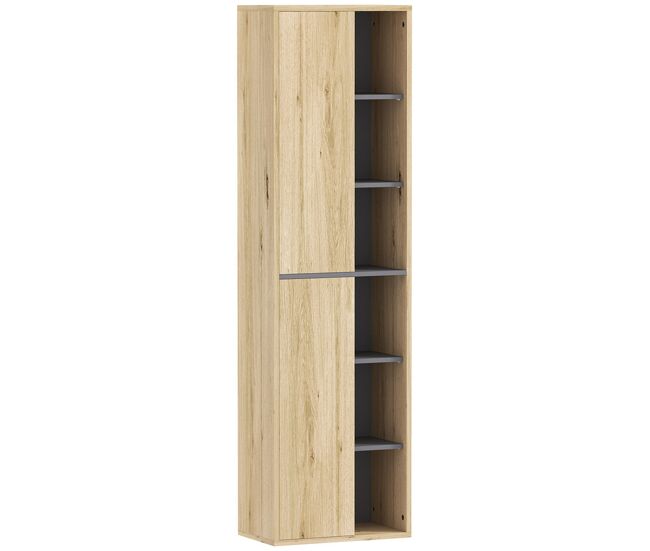 Homcom columna de baño de pared armario de baño con compartimentos abiertos y 2 puertas mueble de baño moderno 40x24x141,5 cm natural