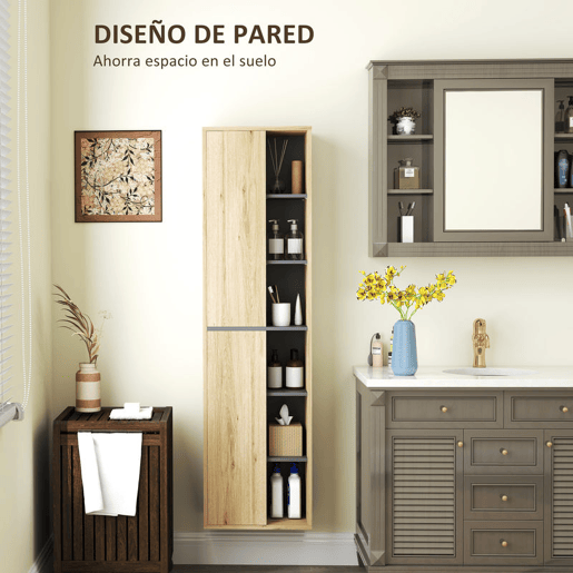 HOMCOM Coluna Casa de Banho de Parede Armário Alto Casa de Banho com Compartimentos Abertos e 2 Portas Móvel Casa de Banho 40x24x141,5 cm Madeira
