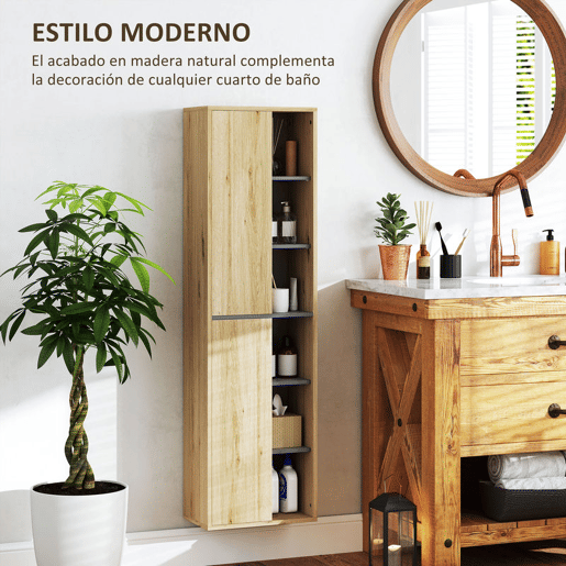 HOMCOM Coluna Casa de Banho de Parede Armário Alto Casa de Banho com Compartimentos Abertos e 2 Portas Móvel Casa de Banho 40x24x141,5 cm Madeira