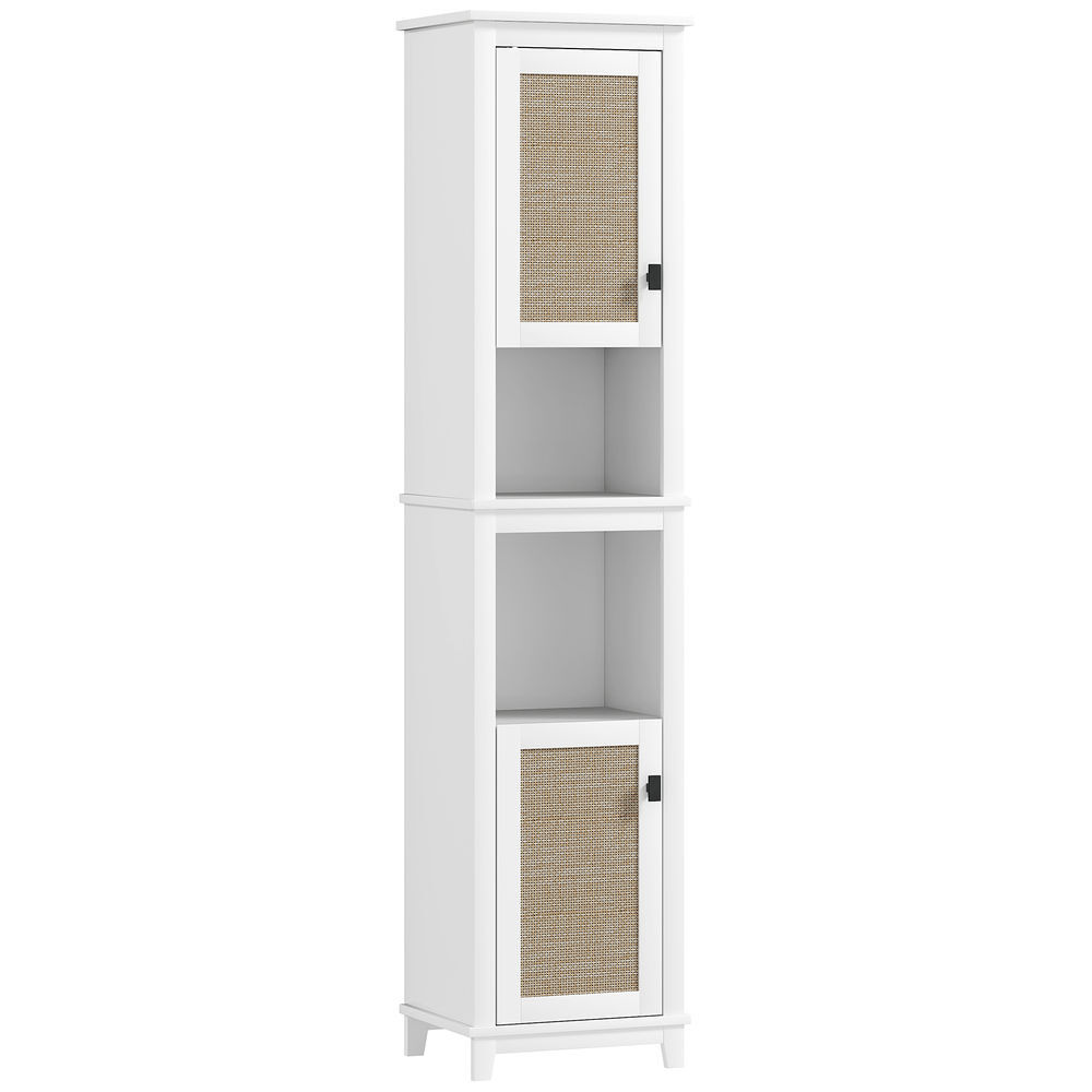 Homcom columna de baño con 2 puertas con frontal de ratán armario alto de baño boho con estantes ajustables y 2 compartimentos 40x30x167,5 cm blanco