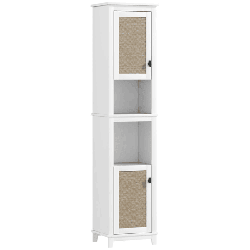 HOMCOM Coluna Casa de Banho Armário Alto Casa de Banho com Prateleira Ajustável 2 Portas em Vime e 2 Compartimentos Móvel Casa de Banho Estilo Boho 40x30x167,5 cm Branco