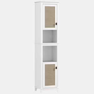 HOMCOM Coluna Casa de Banho Armário Alto Casa de Banho com Prateleira Ajustável 2 Portas em Vime e 2 Compartimentos Móvel Casa de Banho Estilo Boho 40x30x167,5 cm Branco