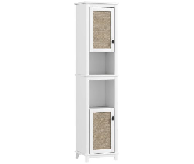 Homcom columna de baño con 2 puertas con frontal de ratán armario alto de baño boho con estantes ajustables y 2 compartimentos 40x30x167,5 cm blanco