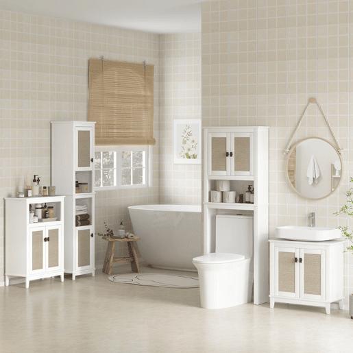HOMCOM Coluna Casa de Banho Armário Alto Casa de Banho com Prateleira Ajustável 2 Portas em Vime e 2 Compartimentos Móvel Casa de Banho Estilo Boho 40x30x167,5 cm Branco