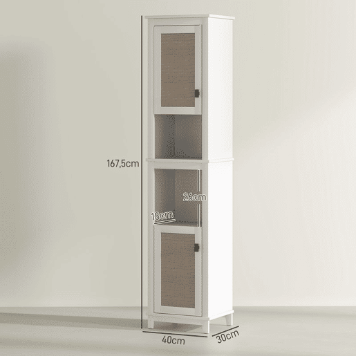 HOMCOM Coluna Casa de Banho Armário Alto Casa de Banho com Prateleira Ajustável 2 Portas em Vime e 2 Compartimentos Móvel Casa de Banho Estilo Boho 40x30x167,5 cm Branco