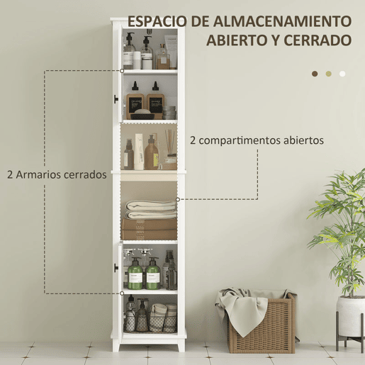 HOMCOM Coluna Casa de Banho Armário Alto Casa de Banho com Prateleira Ajustável 2 Portas em Vime e 2 Compartimentos Móvel Casa de Banho Estilo Boho 40x30x167,5 cm Branco