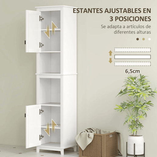 HOMCOM Coluna Casa de Banho Armário Alto Casa de Banho com Prateleira Ajustável 2 Portas em Vime e 2 Compartimentos Móvel Casa de Banho Estilo Boho 40x30x167,5 cm Branco