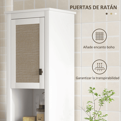 HOMCOM Coluna Casa de Banho Armário Alto Casa de Banho com Prateleira Ajustável 2 Portas em Vime e 2 Compartimentos Móvel Casa de Banho Estilo Boho 40x30x167,5 cm Branco