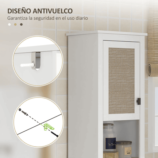 HOMCOM Coluna Casa de Banho Armário Alto Casa de Banho com Prateleira Ajustável 2 Portas em Vime e 2 Compartimentos Móvel Casa de Banho Estilo Boho 40x30x167,5 cm Branco
