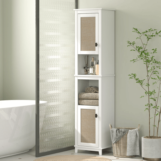 HOMCOM Coluna Casa de Banho Armário Alto Casa de Banho com Prateleira Ajustável 2 Portas em Vime e 2 Compartimentos Móvel Casa de Banho Estilo Boho 40x30x167,5 cm Branco
