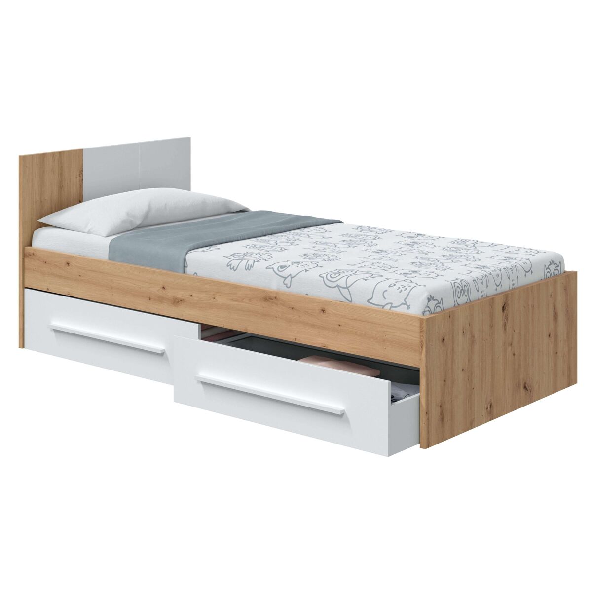 Pack muebles juvenil cama y armario en blanco mate y roble nodi diseño moderno