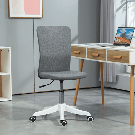 HOMCOM Cadeira de Escritório sem Apoio para os Braços Cadeira de Escritório Giratória Estofada em Linho Sintético com Altura Ajustável para Estudo Dormitório Tocador Carga 120 kg 53x43x85-93 cm Cinza