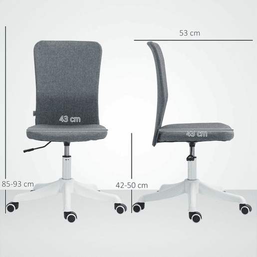 HOMCOM Cadeira de Escritório sem Apoio para os Braços Cadeira de Escritório Giratória Estofada em Linho Sintético com Altura Ajustável para Estudo Dormitório Tocador Carga 120 kg 53x43x85-93 cm Cinza