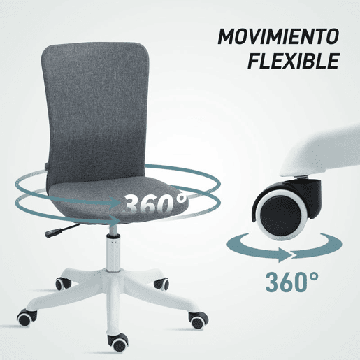 HOMCOM Cadeira de Escritório sem Apoio para os Braços Cadeira de Escritório Giratória Estofada em Linho Sintético com Altura Ajustável para Estudo Dormitório Tocador Carga 120 kg 53x43x85-93 cm Cinza
